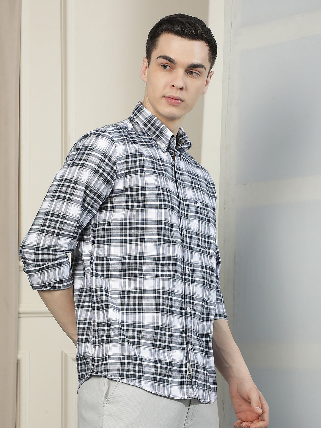 Blue Checked Button-Down Collar 100% Cotton Shirt