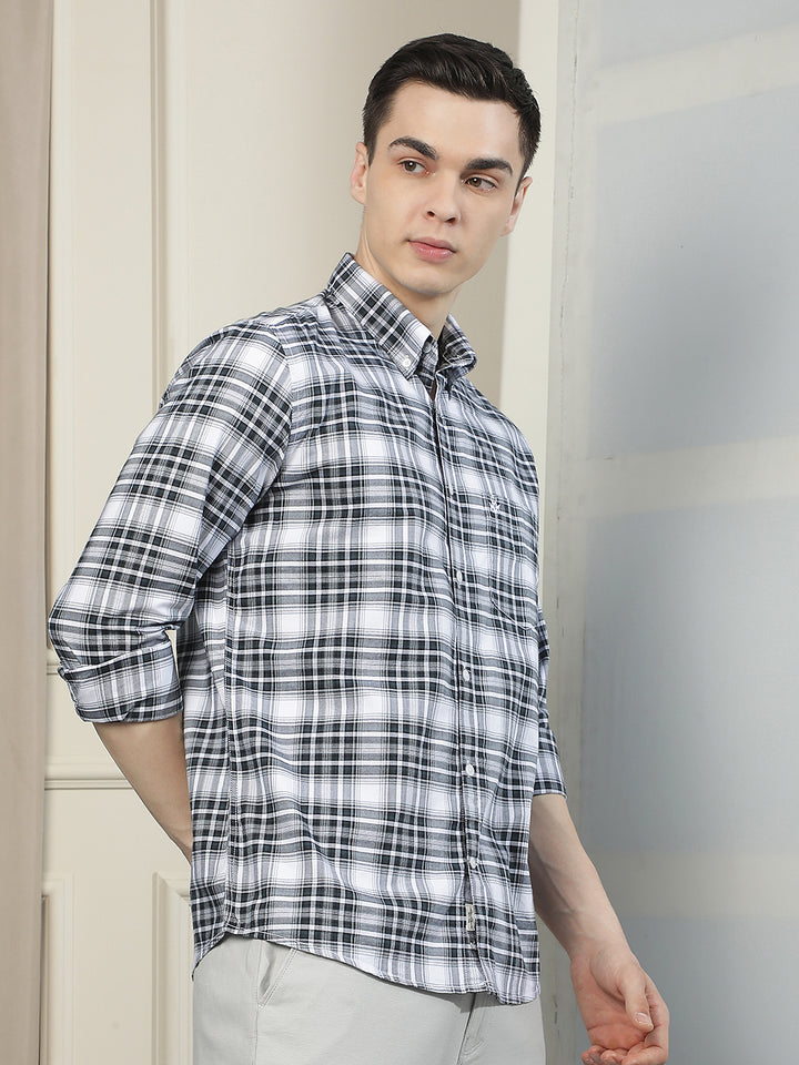 Blue Checked Button-Down Collar 100% Cotton Shirt