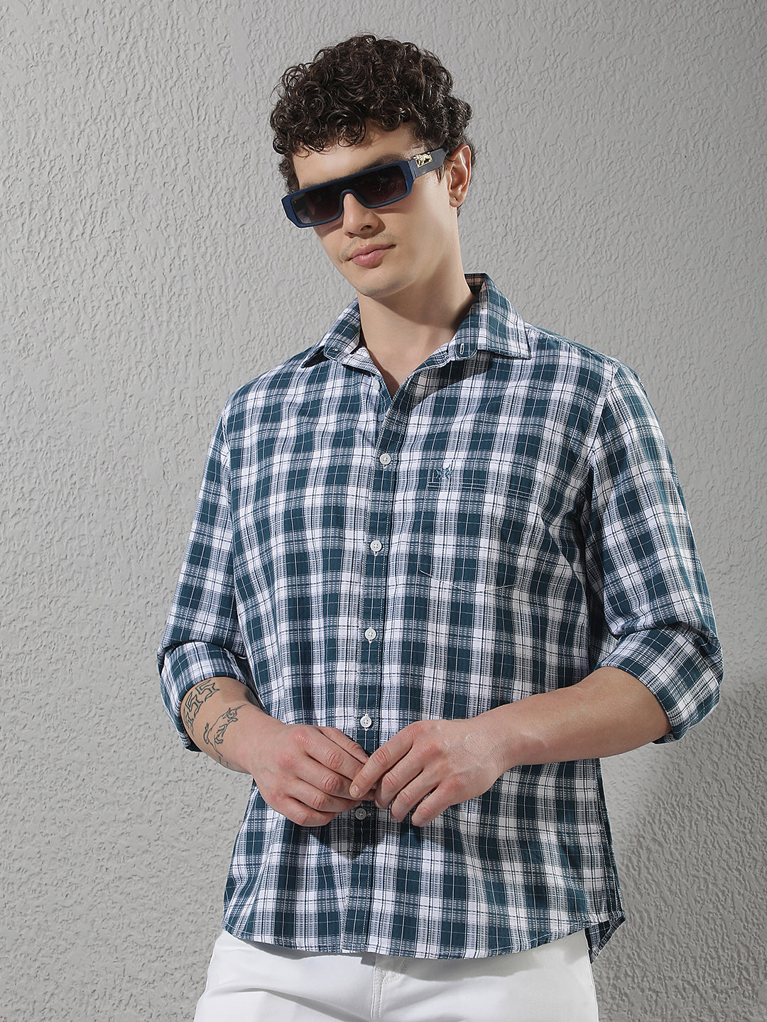 Teal Green 100% Cotton Checked Shirt
