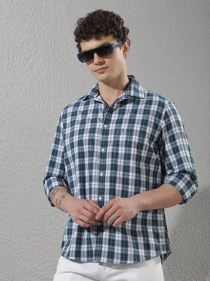 Teal Green 100% Cotton Checked Shirt