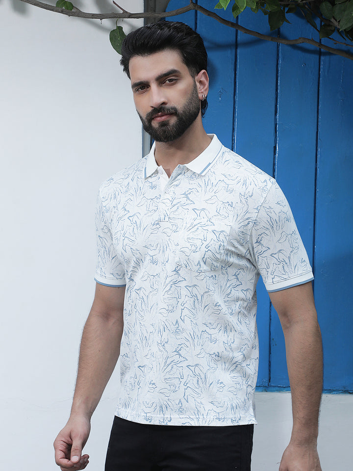White Floral Print Polo Neck T-Shirt