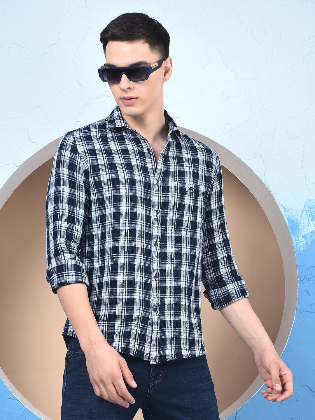 Navy Blue Checked 100% Cotton Knitted Shirt