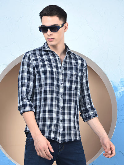 Navy Blue Checked 100% Cotton Knitted Shirt