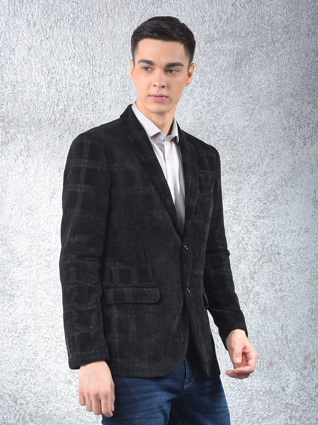 Black Checked Notched Lapel Single Breasted Blazer