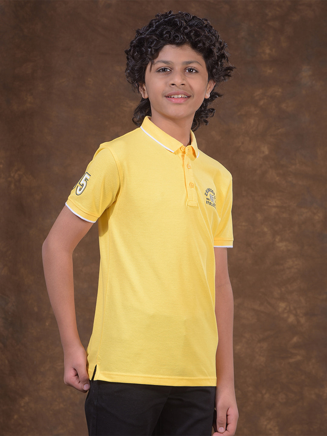 Yellow Typographic Print Polo Neck T-Shirt