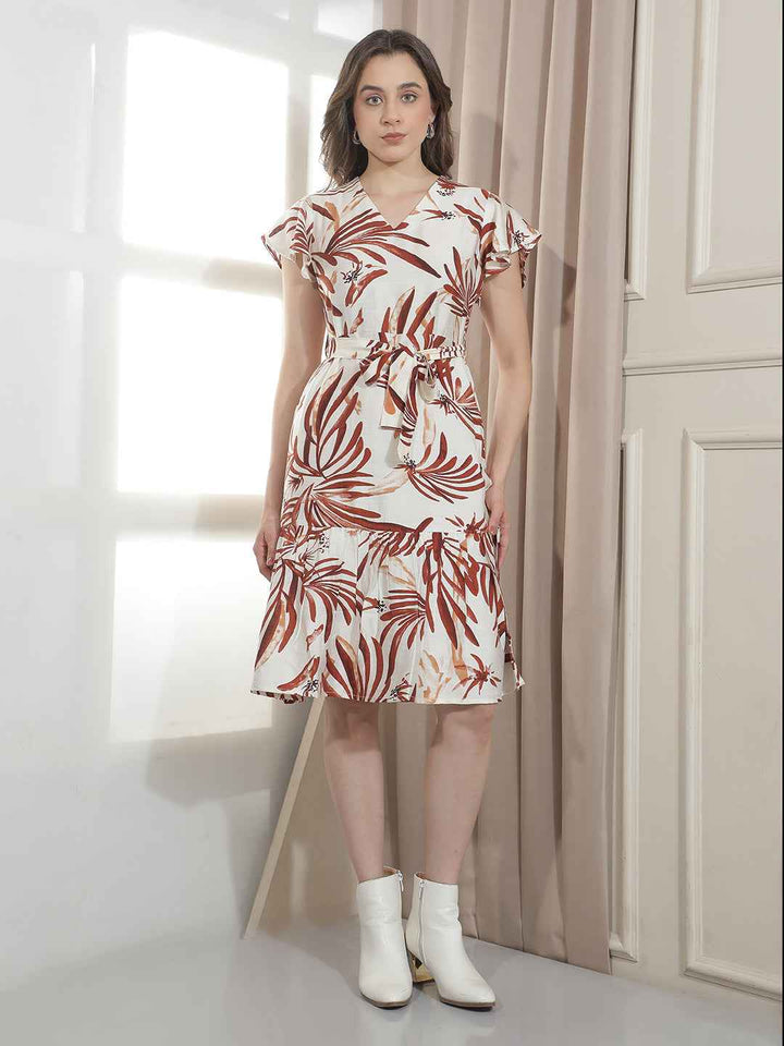 Red Floral Print V-Neck Flutter Dress With Belt