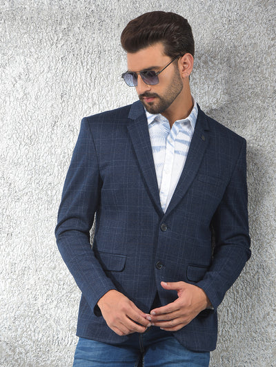 Navy Blue Checked Notched Lapel Single-Breasted Blazer