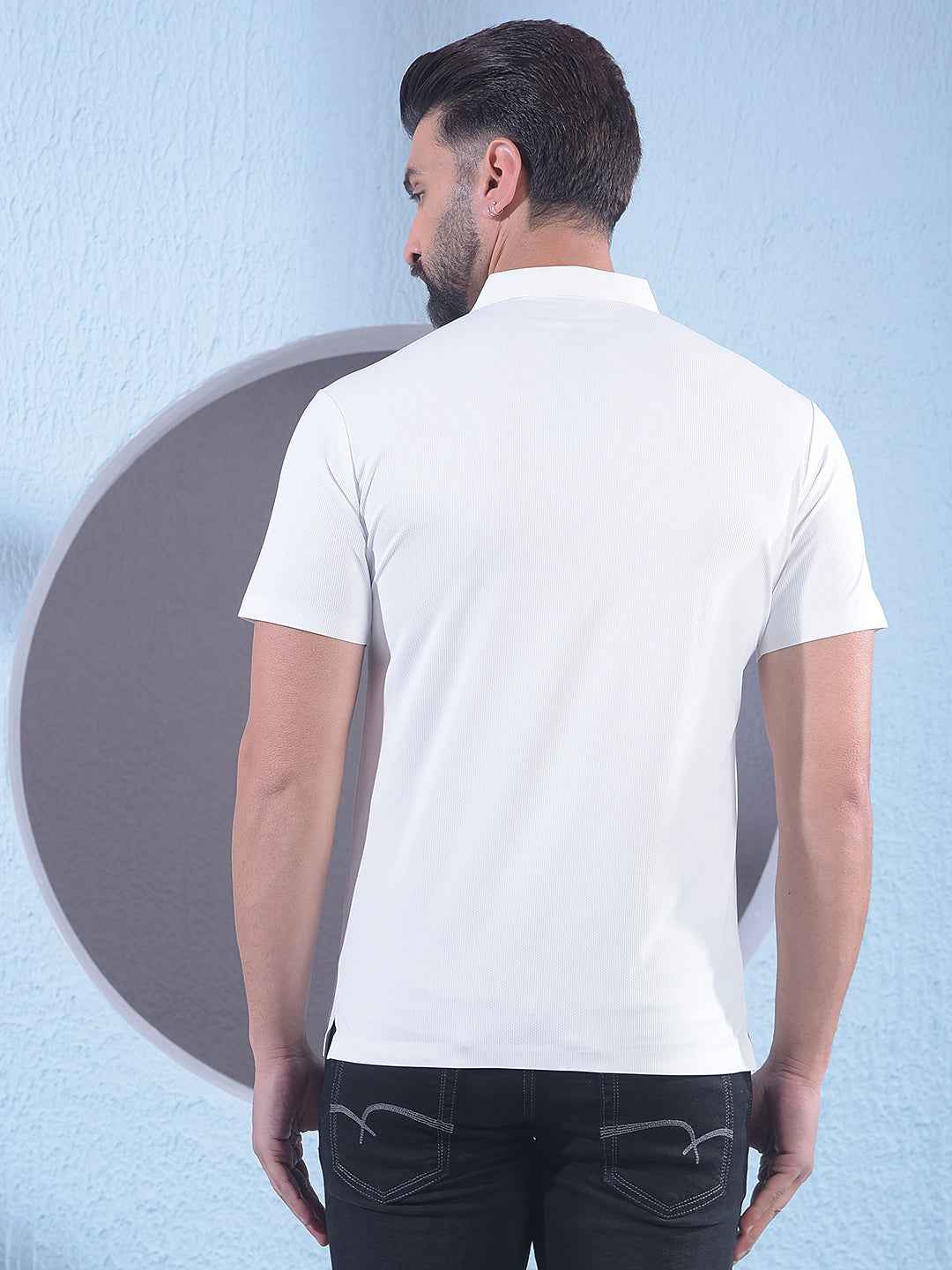 White Typographic Print Polo Neck T-Shirt