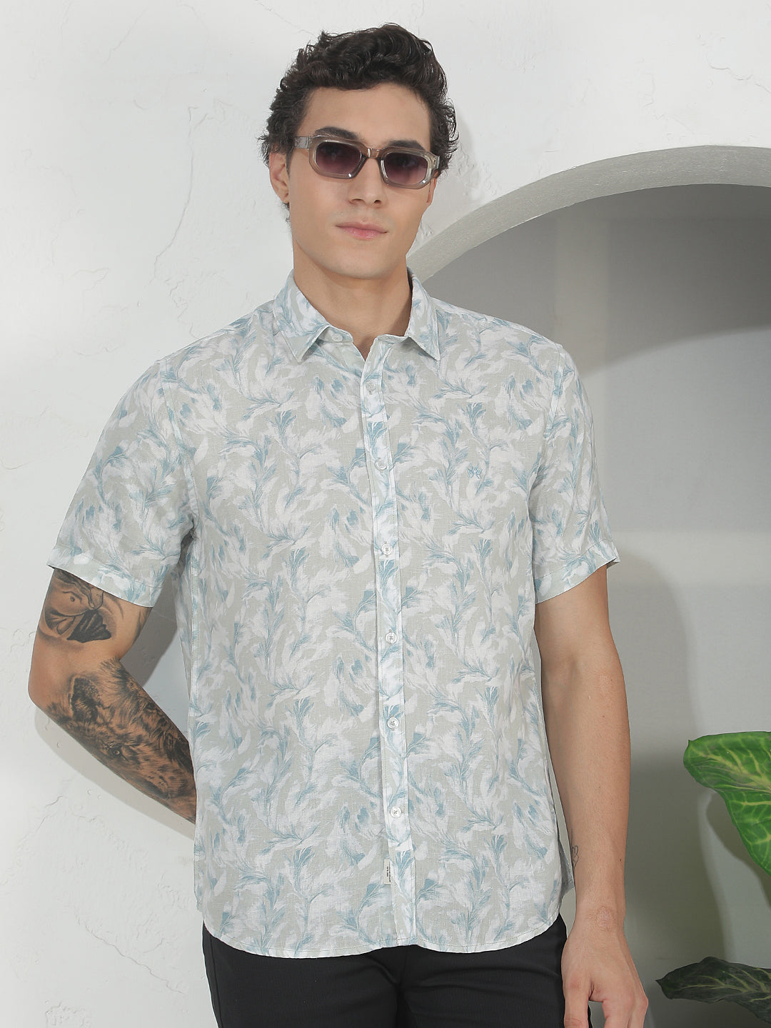 Blue Floral Print Linen Shirt