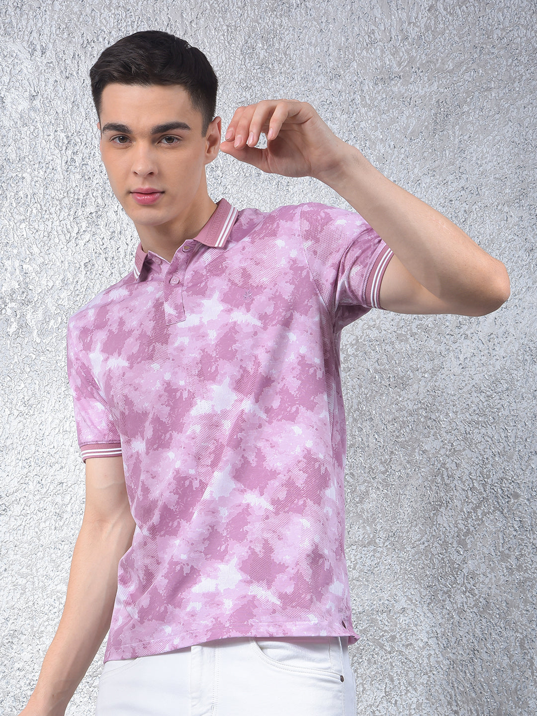 Pink Printed Polo-Neck T-Shirt