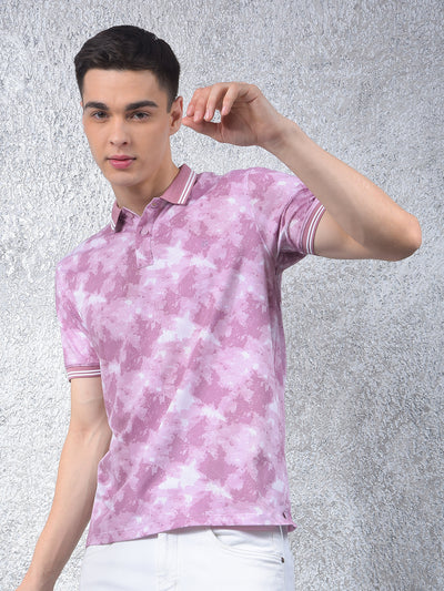 Pink Printed Polo-Neck T-Shirt