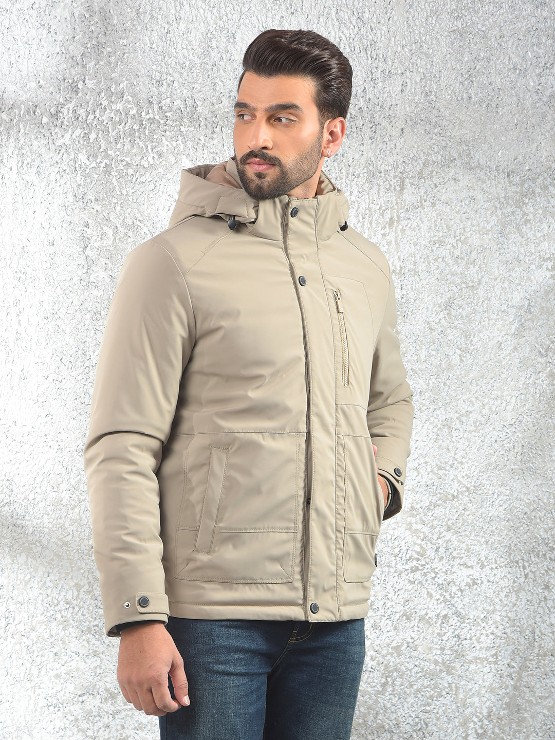 Beige Hooded Neck Puffer Jacket