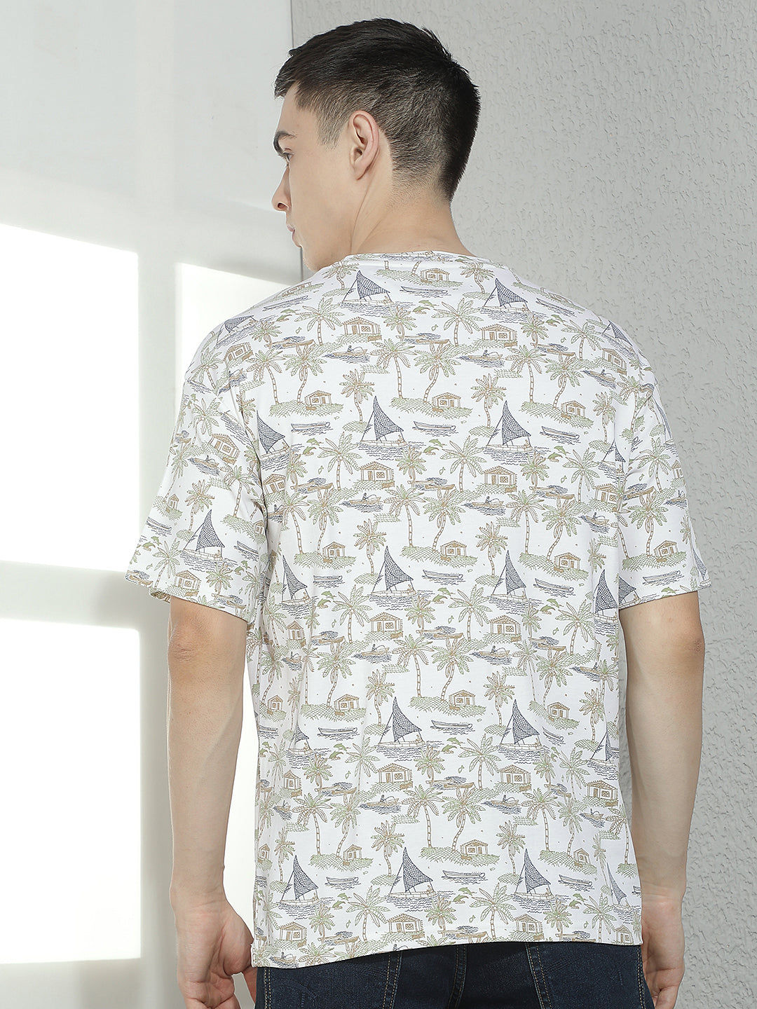 Beige 100% Cotton Botanical Printed T-Shirt