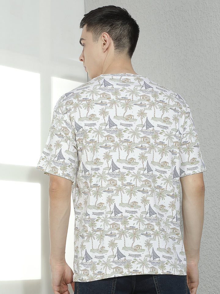 Beige 100% Cotton Botanical Printed T-Shirt