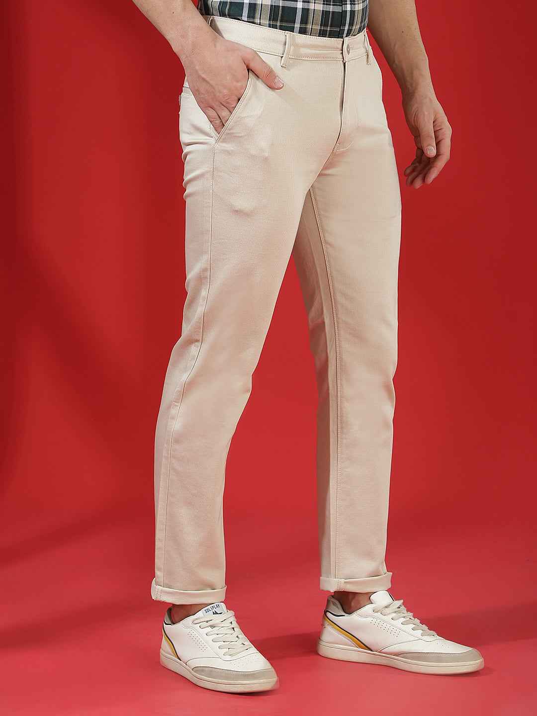 Beige 100% Cotton Geometric Print Straight Trousers