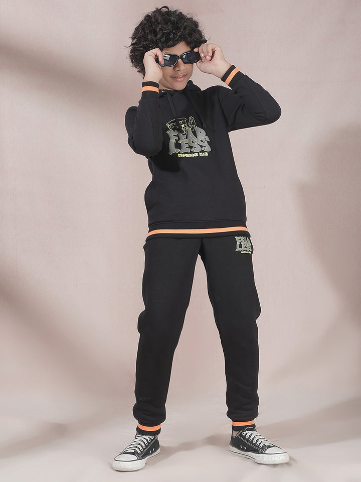 Black Typographic Print Hooded Neck Sweatshirt