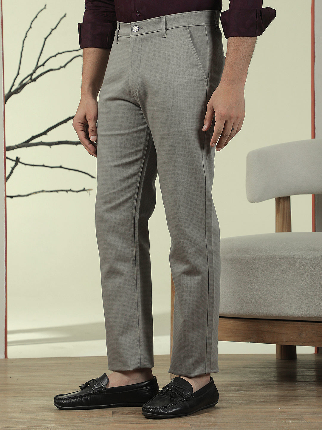 Grey Printed Straight Trousers
