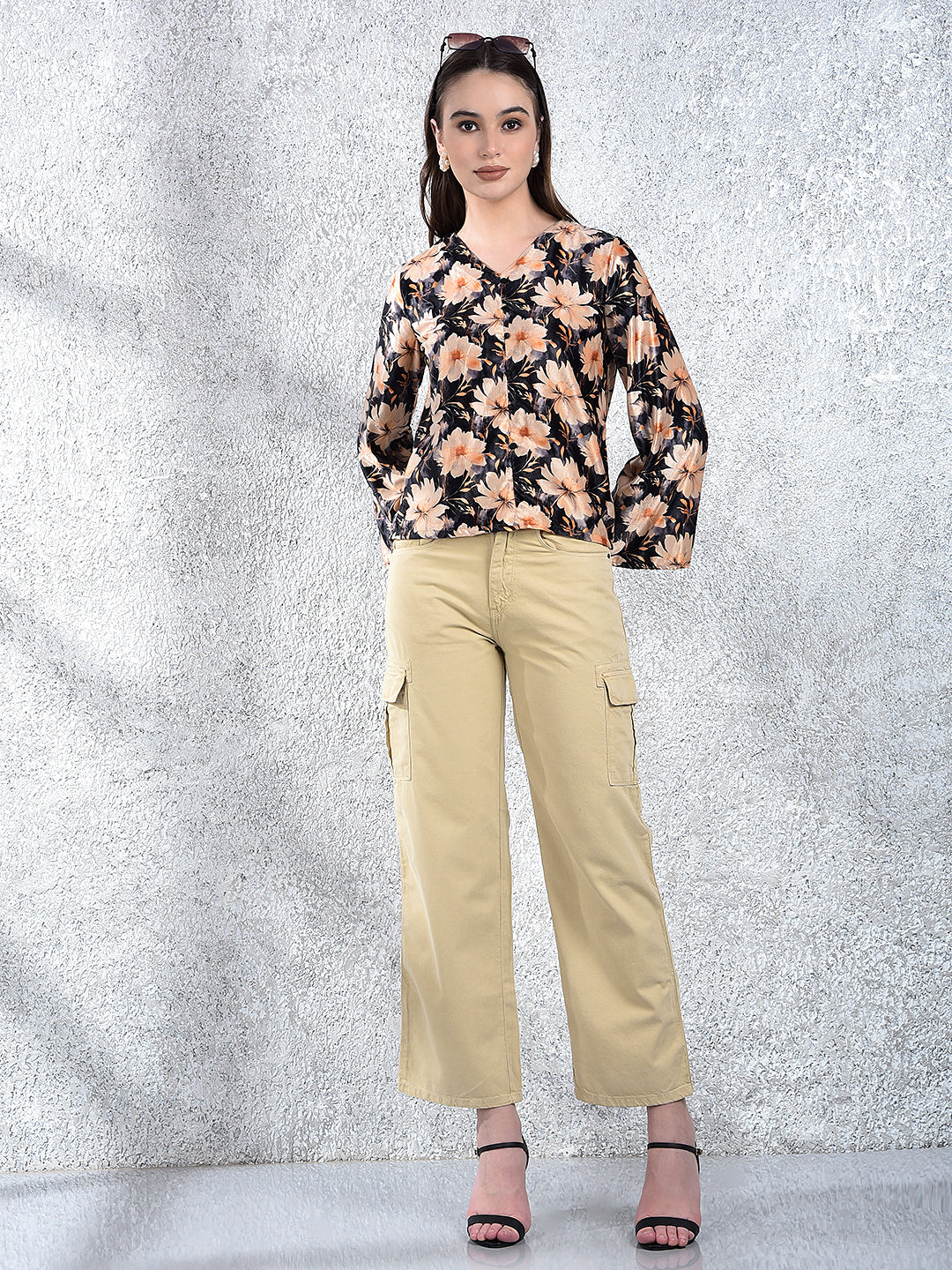 Peach Floral Print V-Neck Top