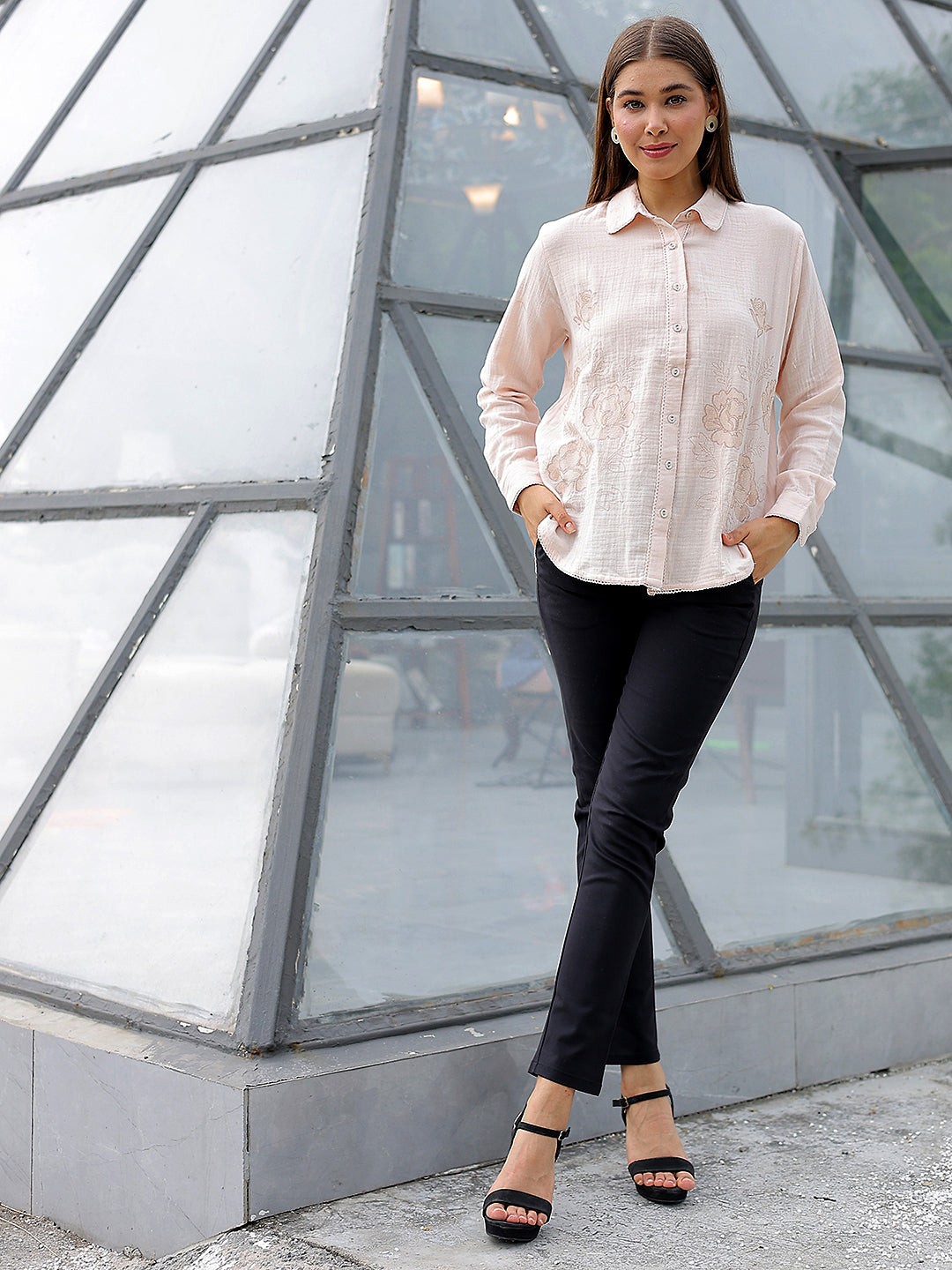 Peach Floral Embroidered 100% Cotton Shirt