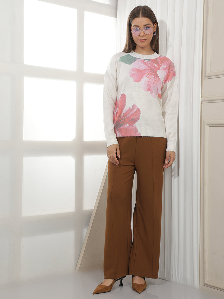 Multi-Color Floral Print Acrylic Sweater