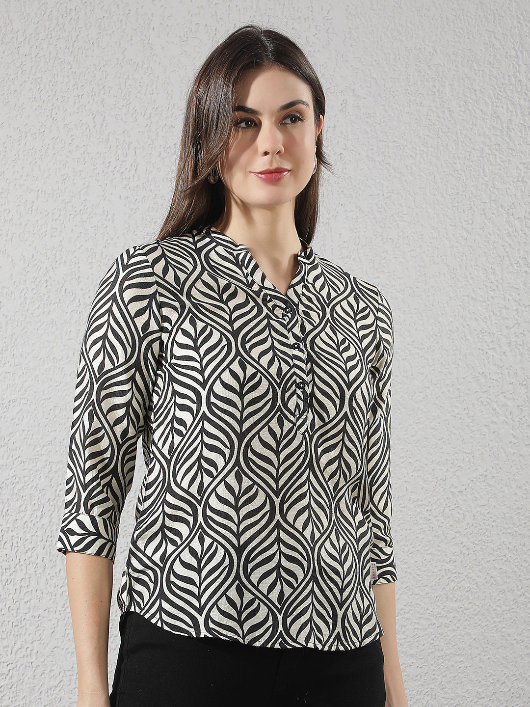 Black Botanical Print V-Neck Top