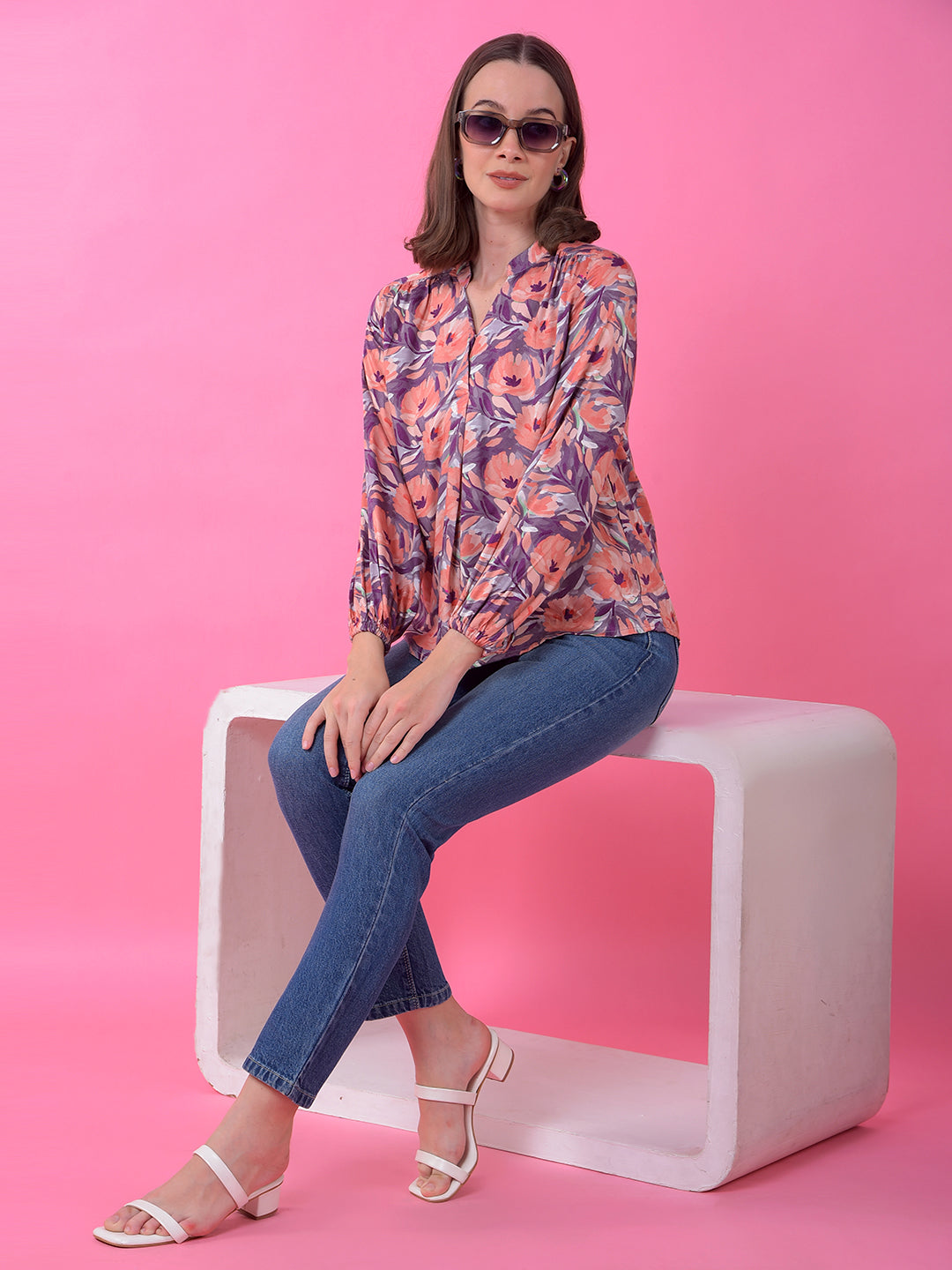 Purple Floral Print V-Neck Top