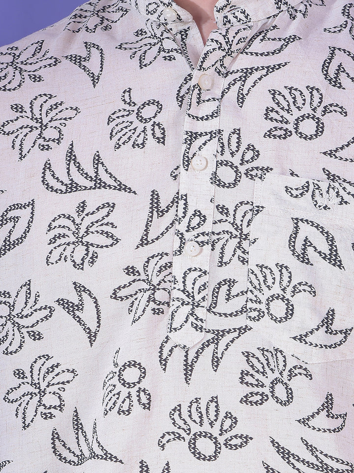 Black Floral Printed Linen Kurta