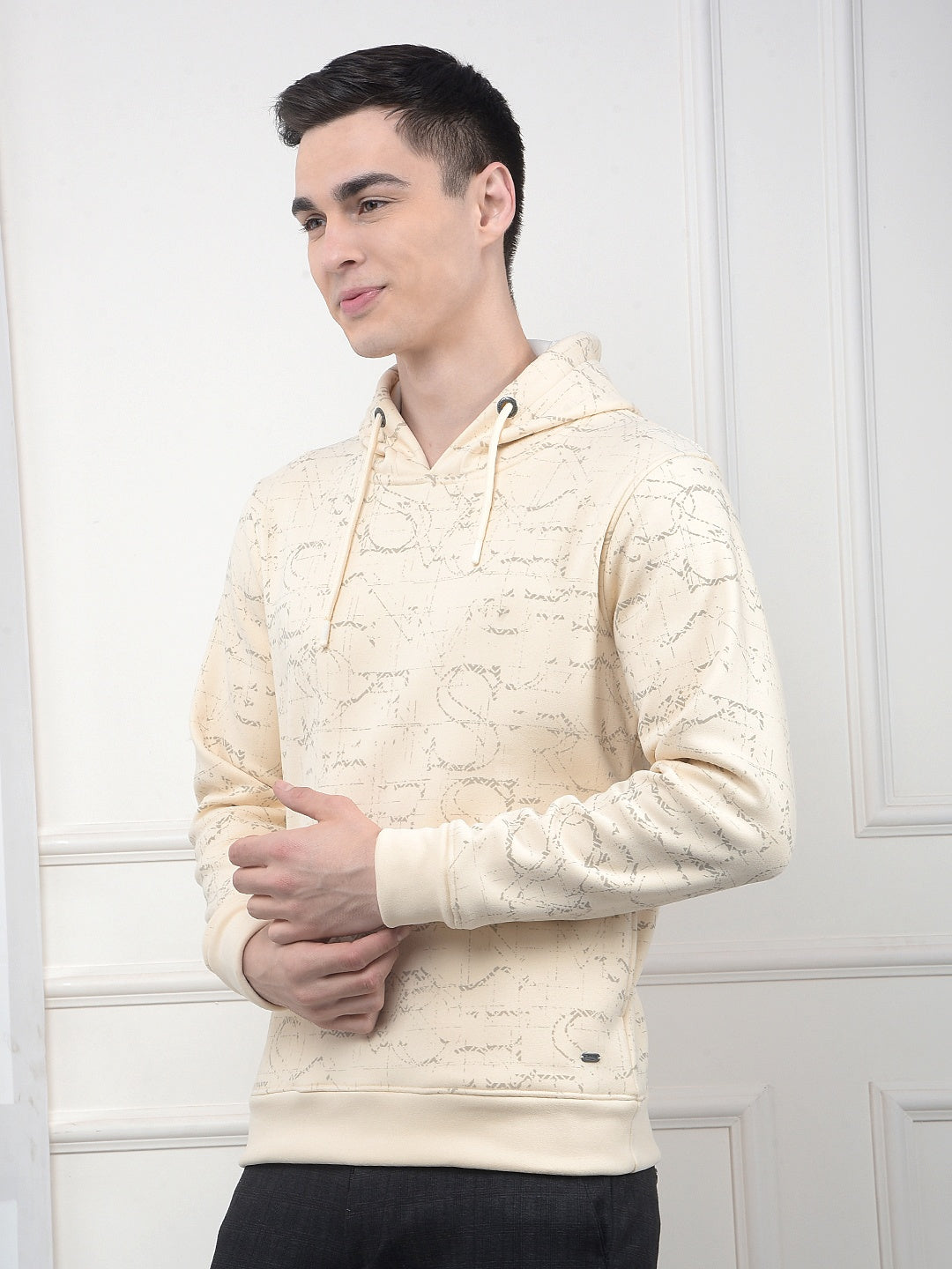 Cream Printed Hooded Neck Sweatshirt-Men Sweatshirts-Crimsoune Club