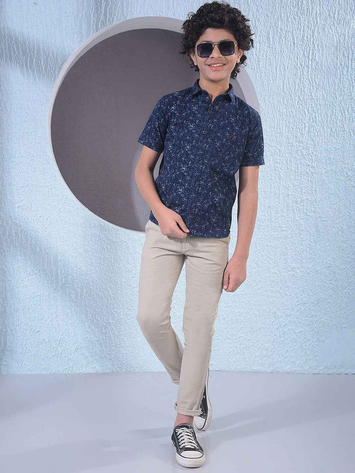 Navy Blue Floral Print 100% Cotton Shirt