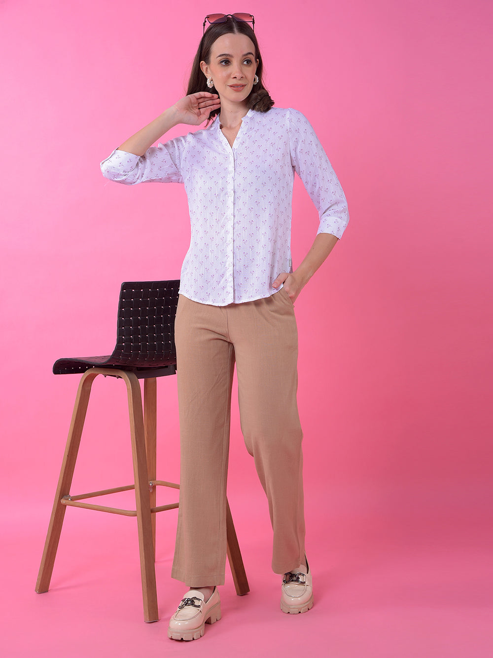 White Floral Print V-Neck Shirt