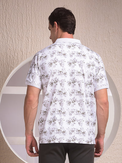 White Floral Print Polo Neck T-Shirt