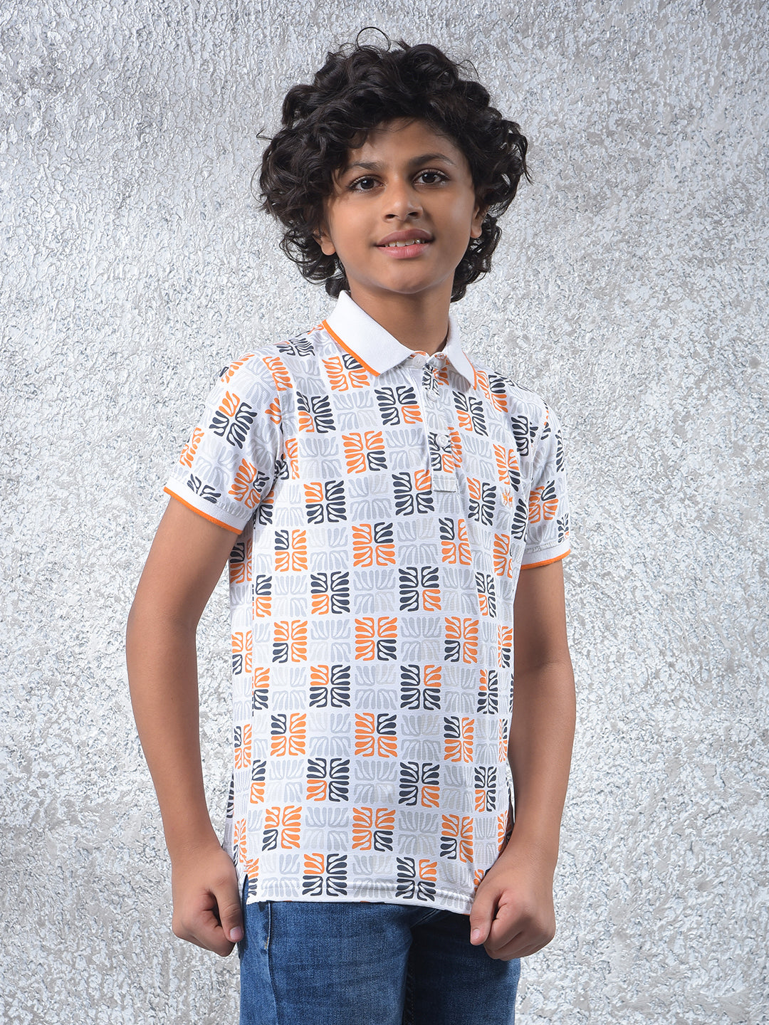 Orange Printed Polo Neck T-Shirt
