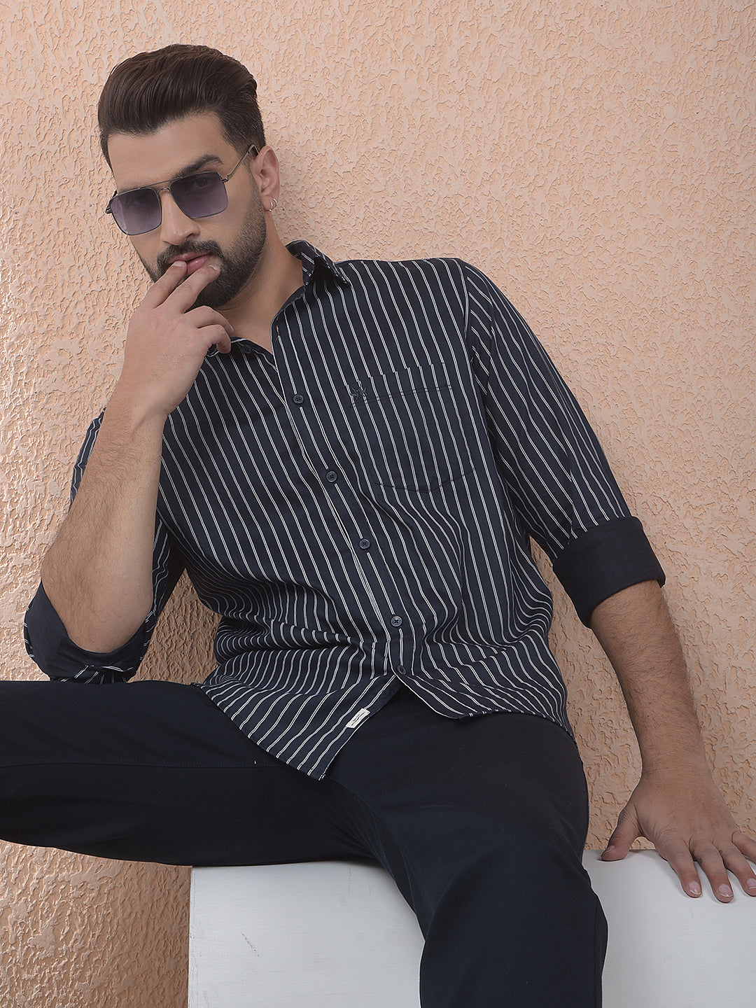 Navy Blue Vertical Stripes Shirt