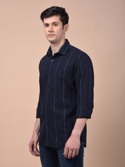Navy Blue Vertical Stripes 100% Cotton Shirt