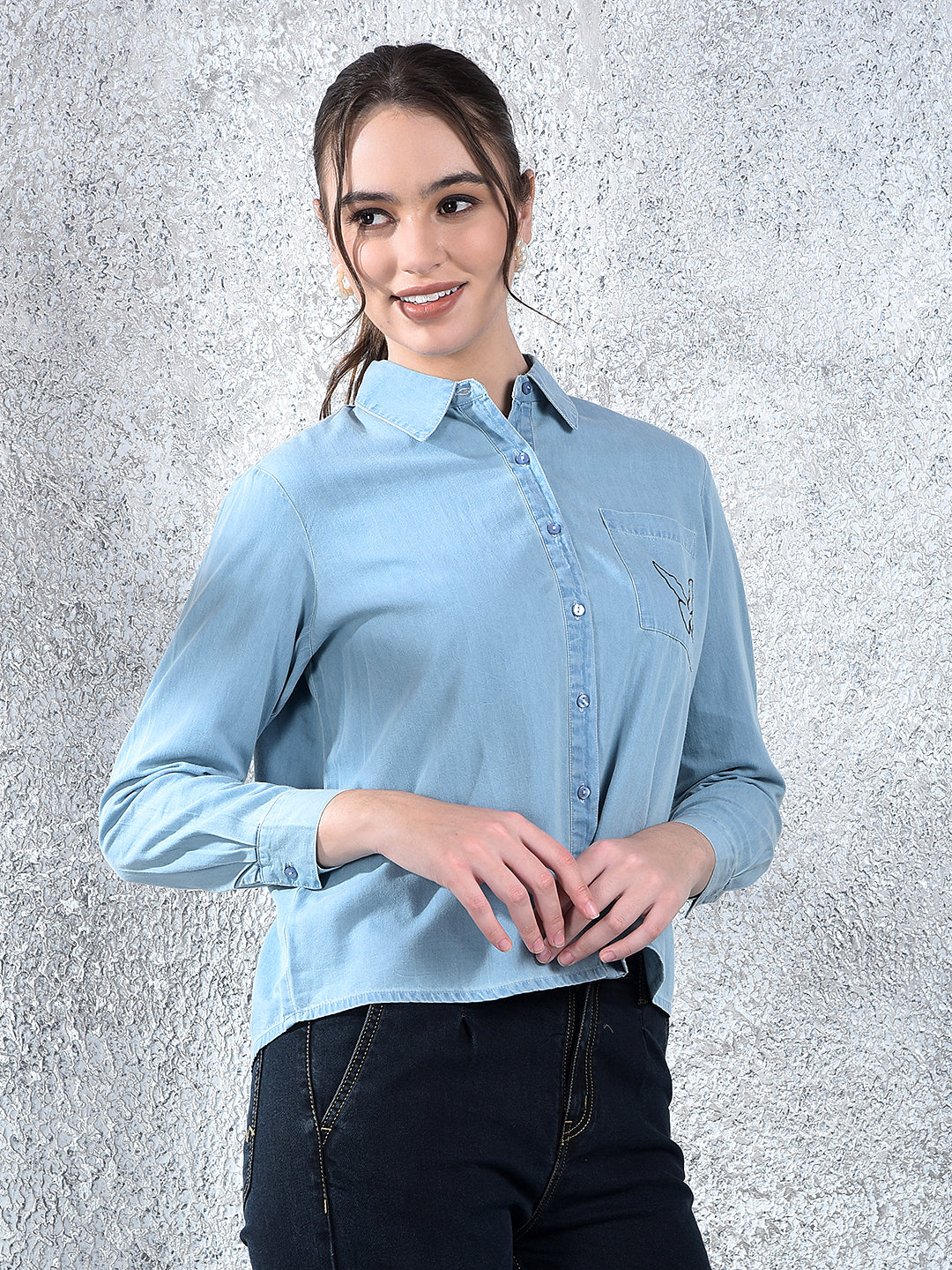 Blue Embroidered 100% Cotton Denim Shirt