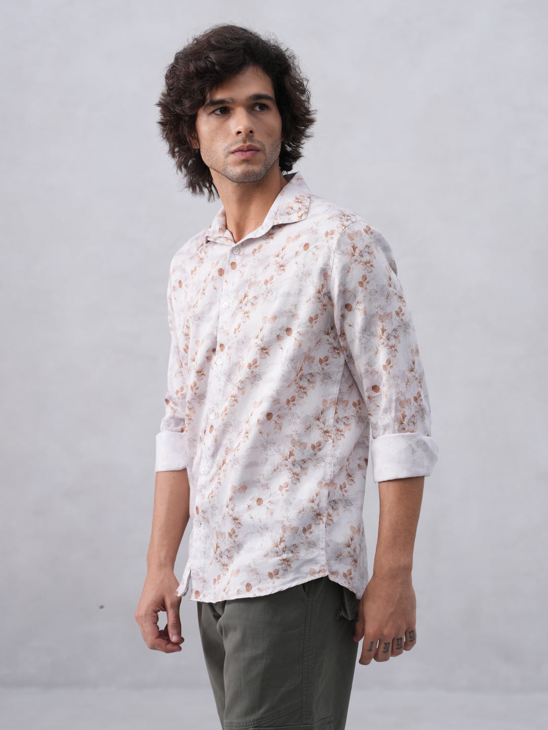 Peach Floral Print Linen Shirt