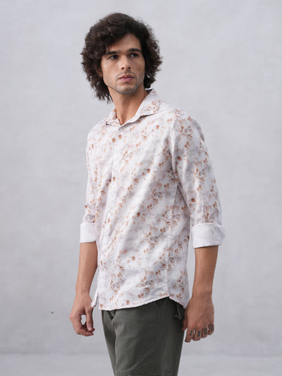 Peach Floral Print Linen Shirt