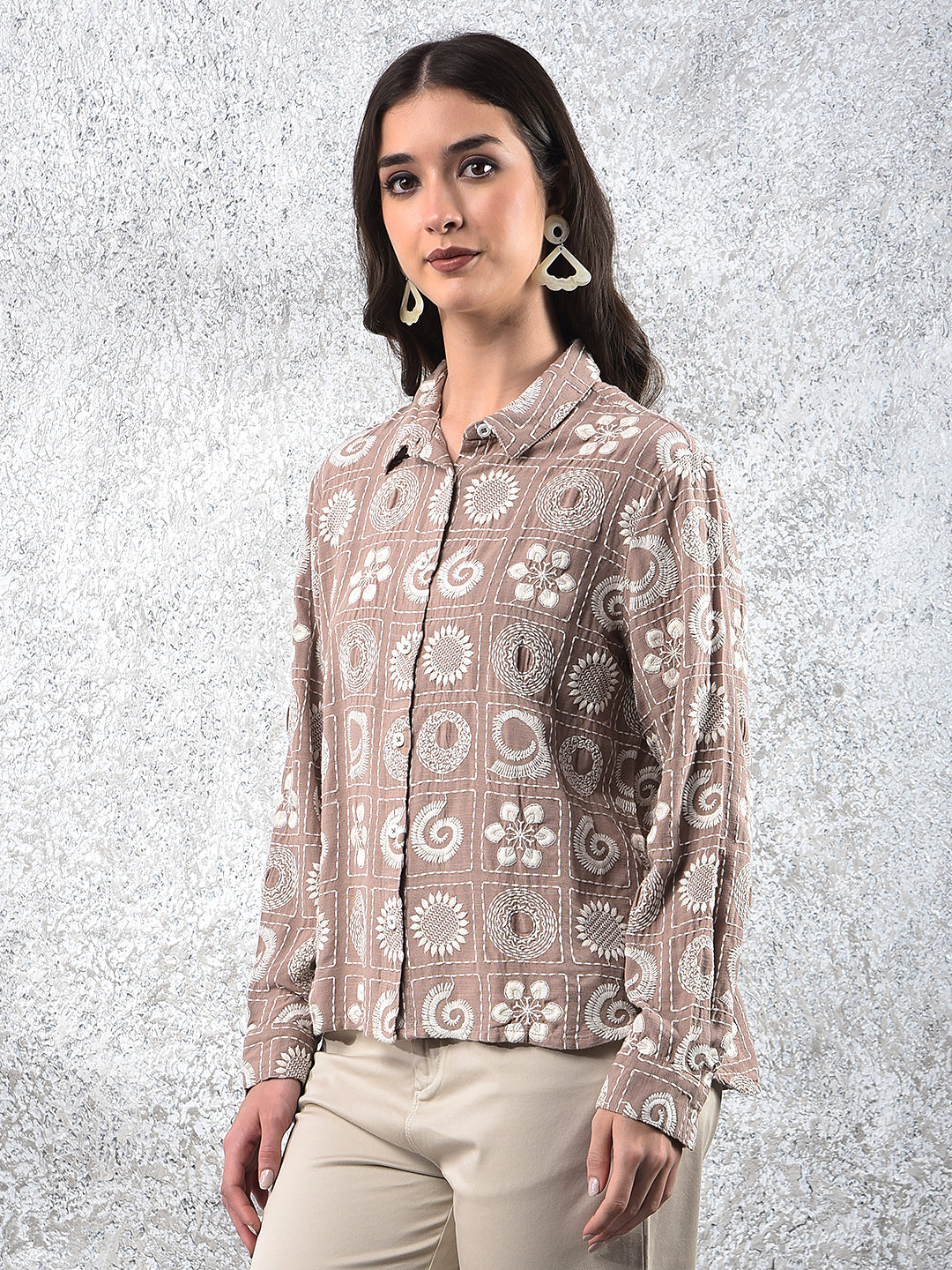 Brown Embroidered Linen Shirt