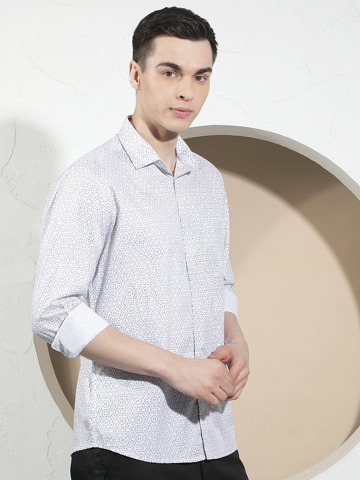 White Geometric Print 100% Cotton Shirt