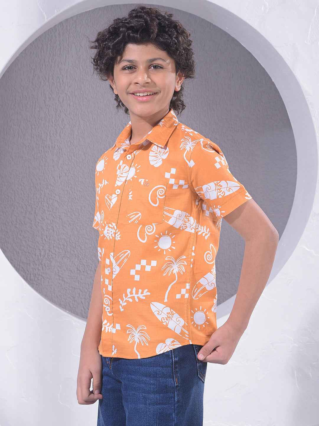 Orange Motif Print 100% Cotton Shirt