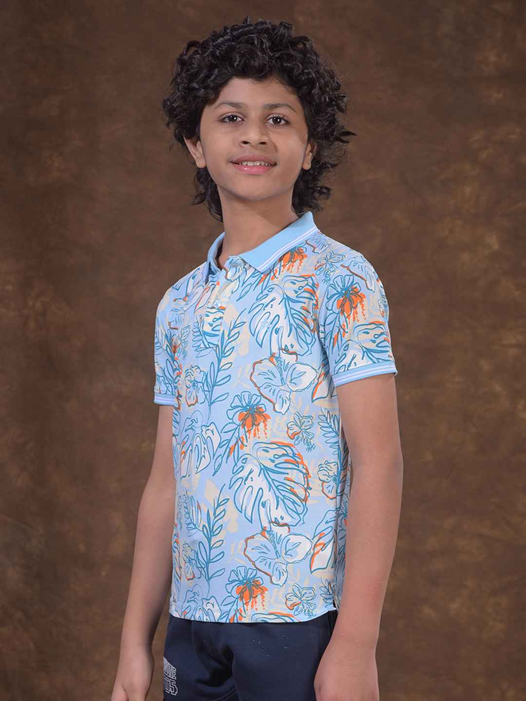 Blue Floral Print Polo Neck T-Shirt