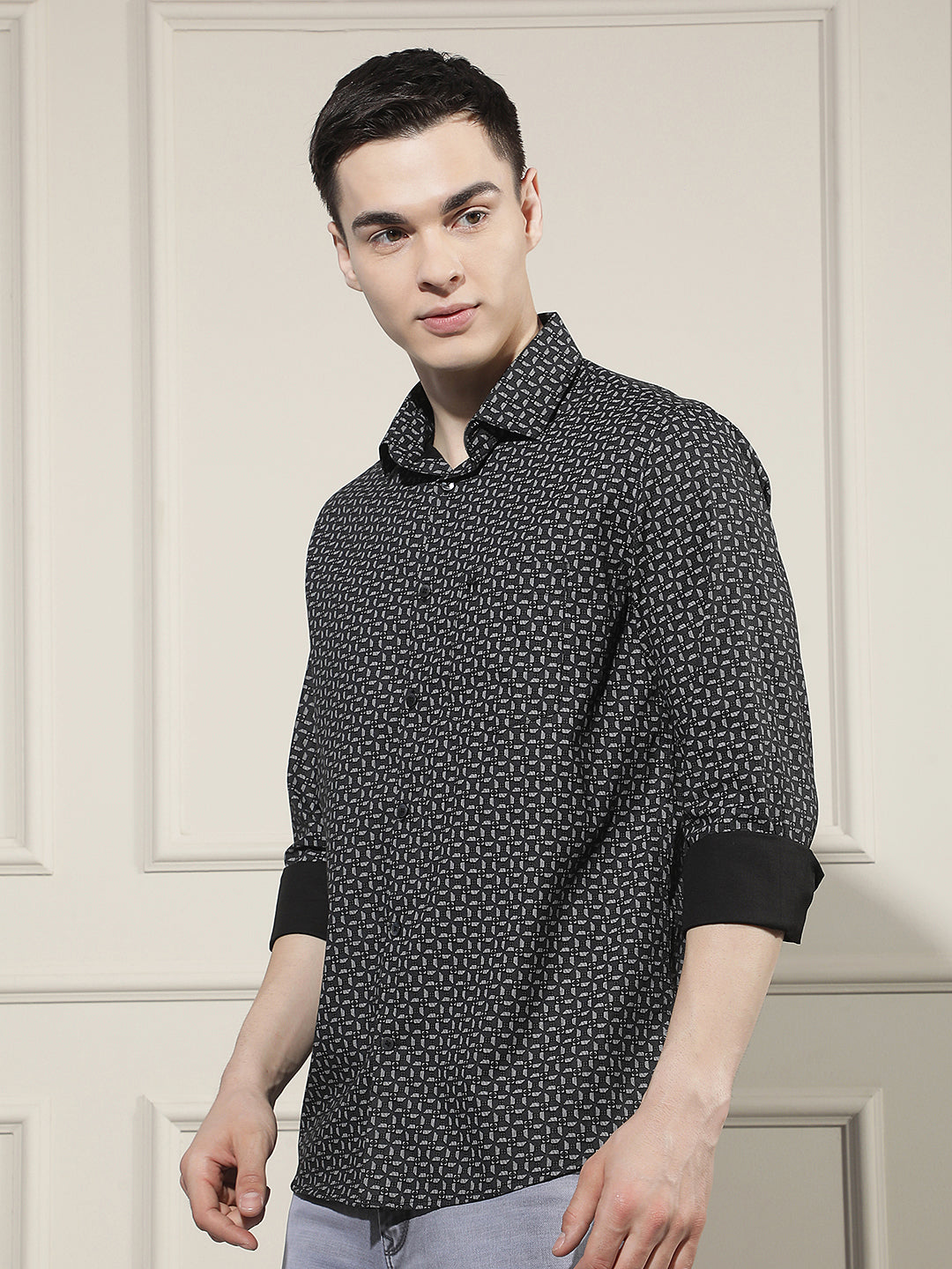 Black Smart Printed Casual Shirt