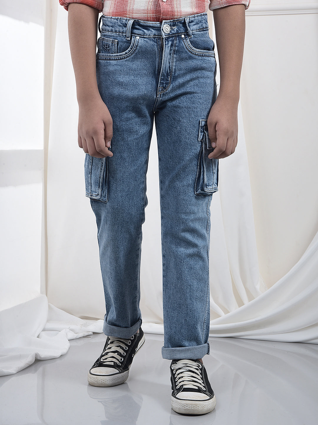 Blue 100% Cotton Straight Cargo Jeans