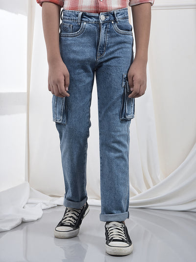 Blue 100% Cotton Straight Cargo Jeans