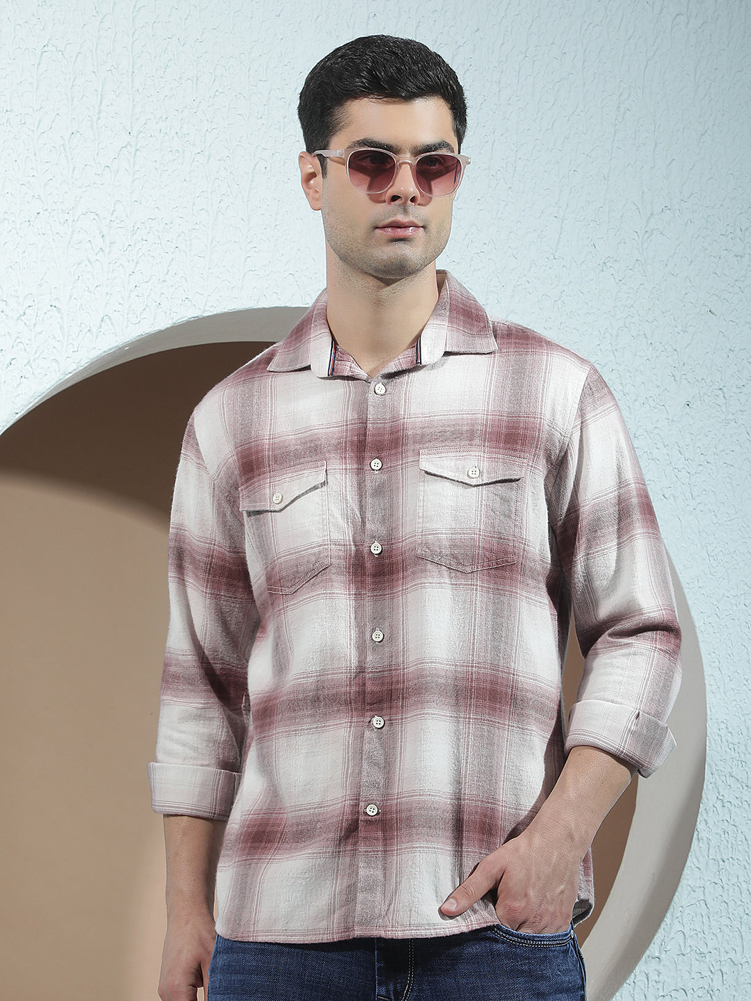 Purple Checked 100% Cotton Double Pocket Shirt