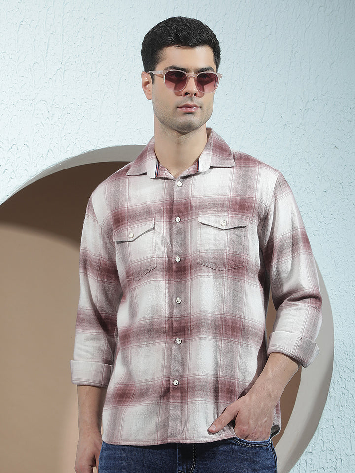 Purple Checked 100% Cotton Double Pocket Shirt