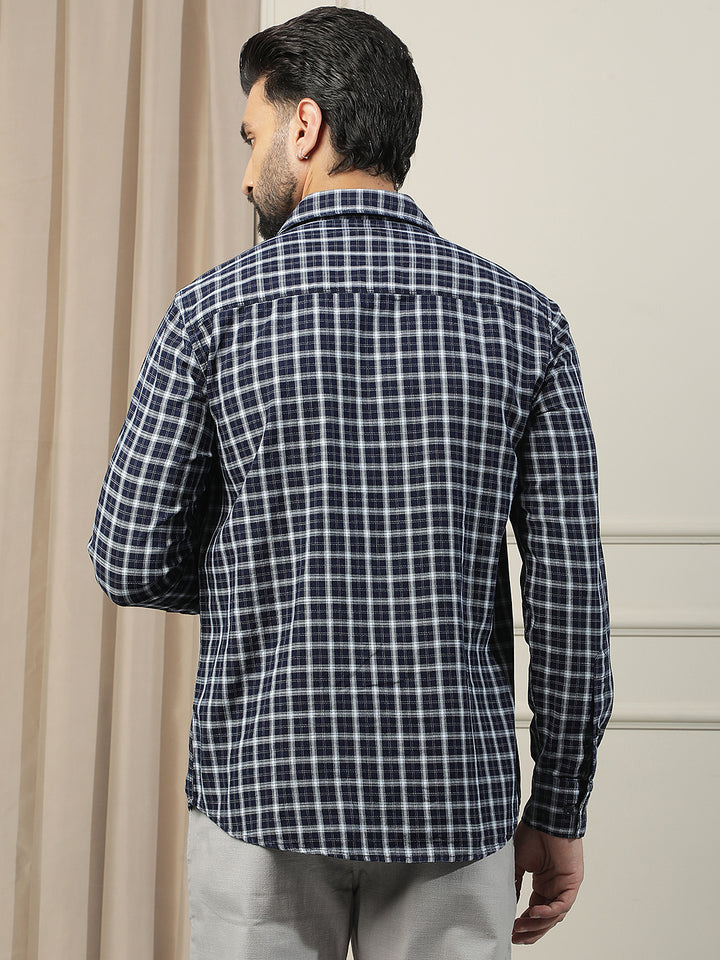 Navy Blue 100% Cotton Checked Shirt