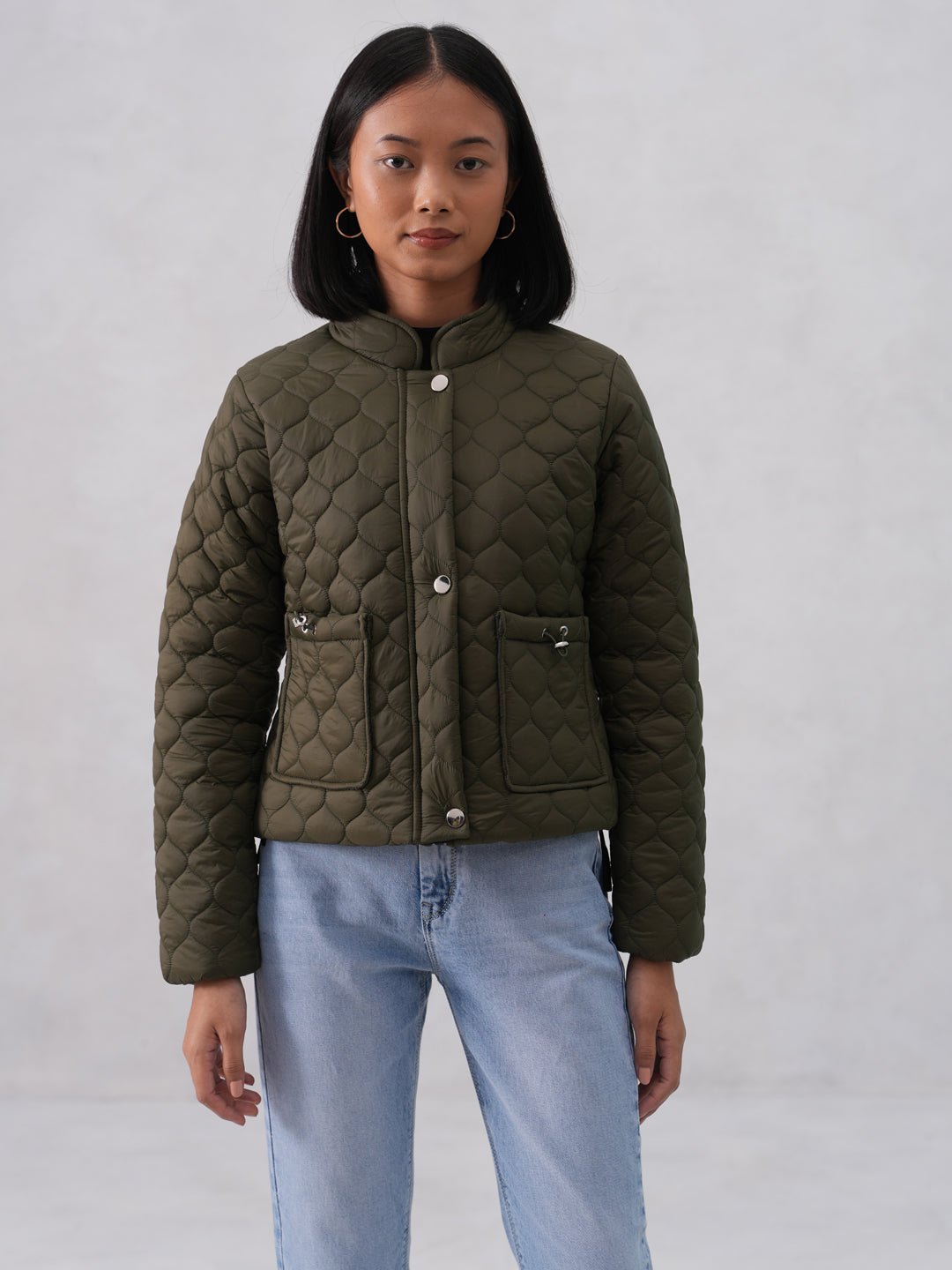 Green Quilted High-Neck Jacket
