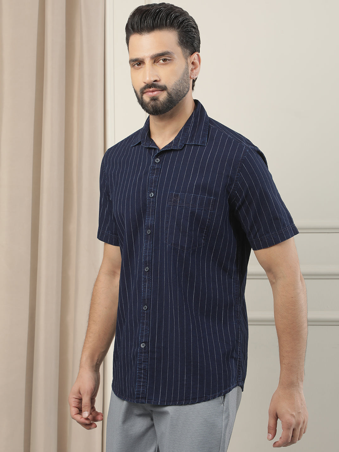Navy Blue Vertical Striped 100% Cotton Shirt