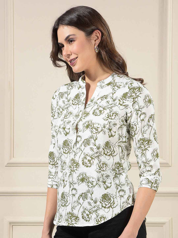 Green Floral Print V-Neck 100% Cotton Top